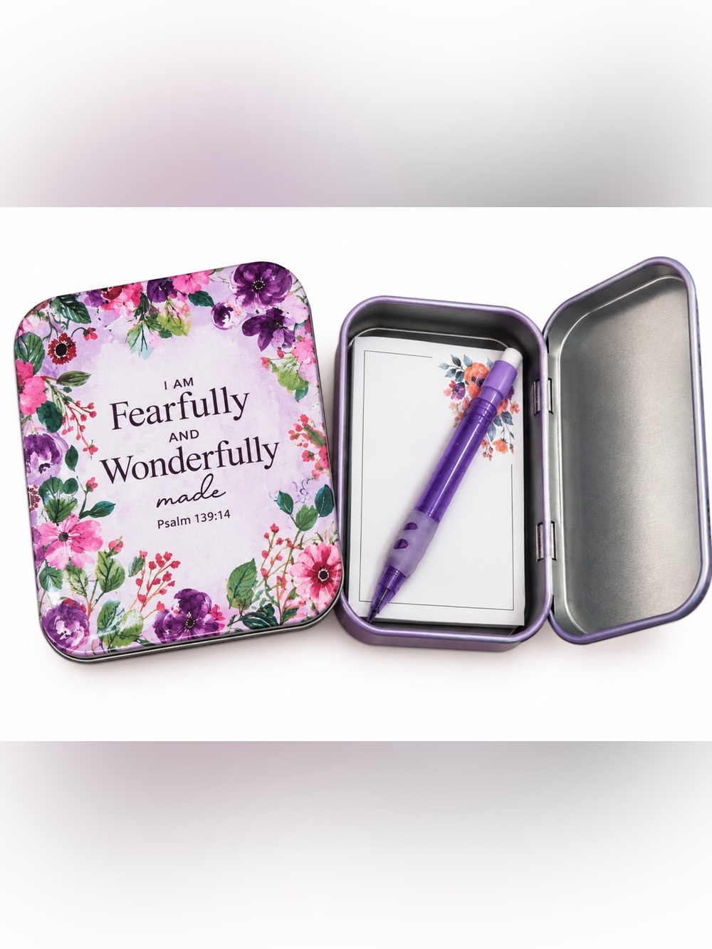 Purple Floral prayer Accessory Tin with Purple Stylus Pen